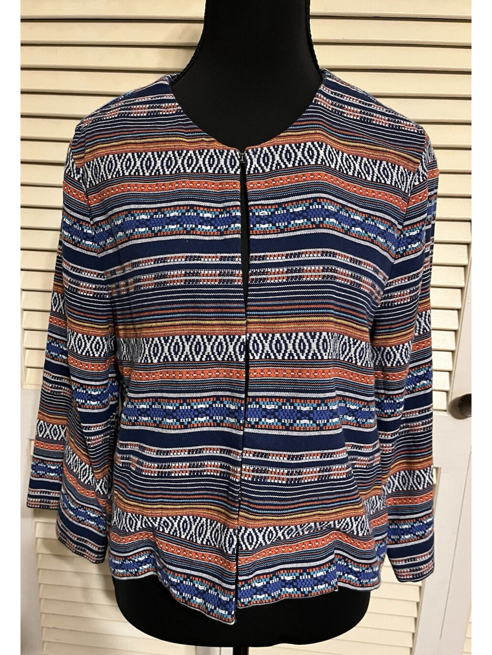 Liz Claiborne Blazer Open Front Jacket Aztec Print 3/4 Sleeve Colorful Medium
